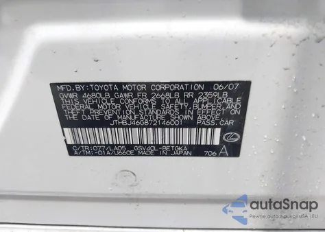 2007 Lexus Es 350 из США, поврежденный, VIN JTHBJ46G872146001